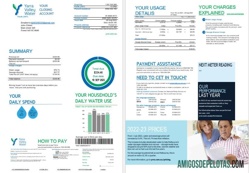 Melbourne Yarra Valley Water Water Utility Bill Formatos Word e PDF, 2 páginas exemplo